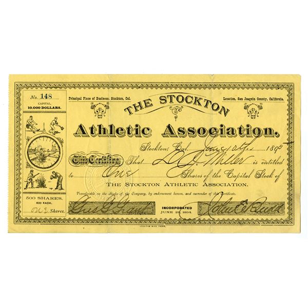 CA. Stockton Athletic Association, 1895, I/U Stock Certificate with Football, Rowing & Other Sports 