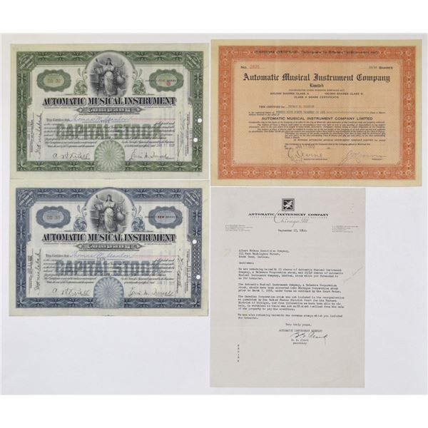 IL. Automatic Musical Instrument Co., 1937 to 1941, Stock Certificates and Correspondence.