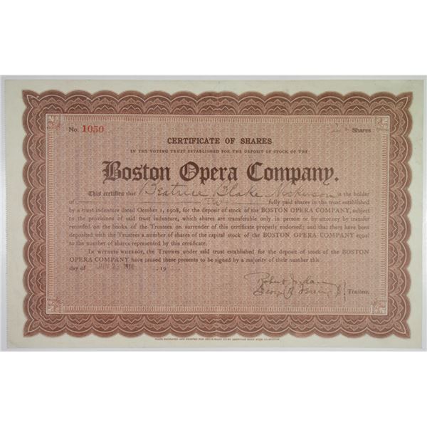 MA. Boston Opera Co. 1910 I/U Stock Certificate