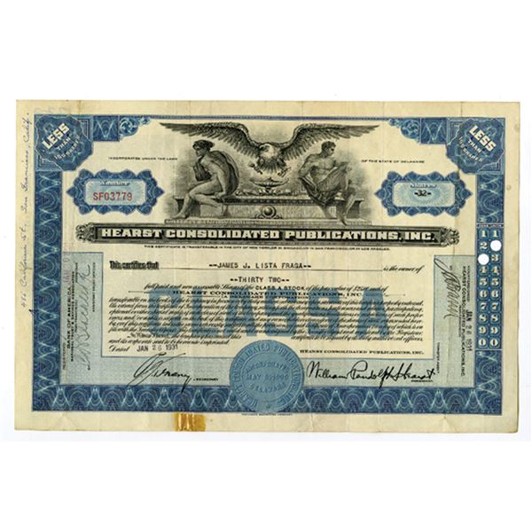 Hearst Consolidated Publications, Inc., 1931 I/U Stock Certificate, and 1969 Letter From Bank of Ame