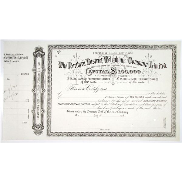 U.K., Northern District Telephone Co. Ltd., 1882 Specimen Stock Certificate by BW&C.