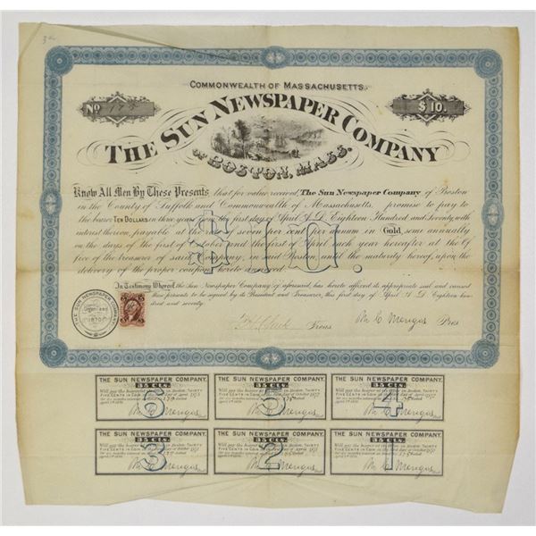MA. Sun Newspaper Co., 1870, I/U 7% Gold Coupon Bond.