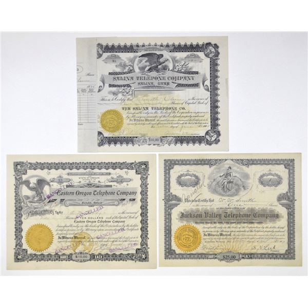 WY. UT. OR. Western Telephone Companies, Stock certificate Trio, 1907 to 1928.