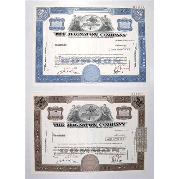 DE. Magnavox Co., ND (1970s), Specimen Stock Certificate Pair.