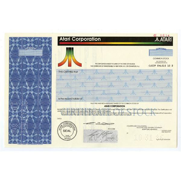 Nevada. Atari Corp. 1986, Specimen Stock Certificate.