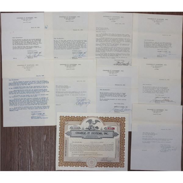 NY. Charge-It Systems, Inc., 1954 I/U Stock Certificate of Pioneer Credit Card Company & Corresponde