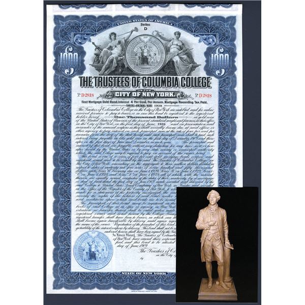 NY. Trustees of Columbia College, in the City of New York, 1909, U/U 4% Gold Coupon Bond and Hamilto