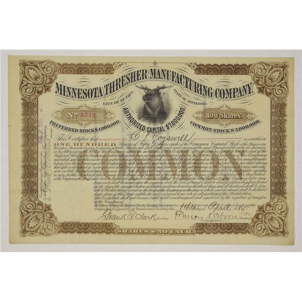MN. Minnesota Thresher Manufacturing Co., 1885, I/U Stock Certificate.