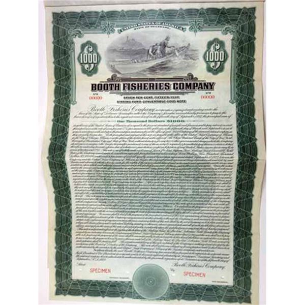 Booth Fisheries Co. 1922 Specimen $1000 Gold Coupon Bond VF ABN