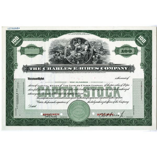 DE. Charles E. Hires Co. "Root Beer" Specimen Stock Certificate