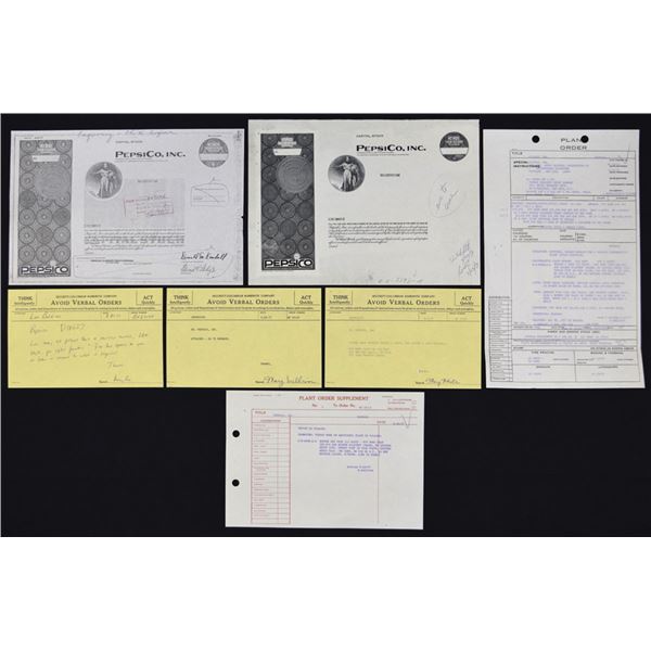 PepsiCo, Inc., 1977. Unique Approval Proof Stock Certificate with Production File documents and Orde
