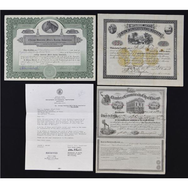 IL. IN. Horse Racing, Business & Agriculture I/U Stock Certificate Trio, 1880 to 1938.