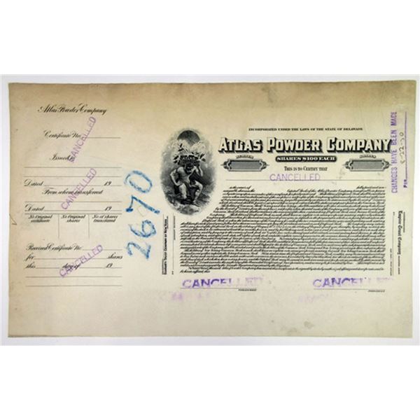 DE. Atlas Powder Co. 1925 Progress Proof Stock Certificate