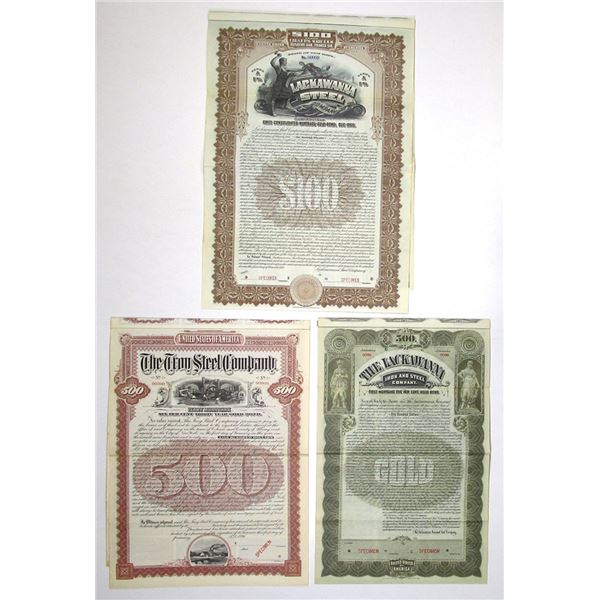 PA & NY. Steel and Industrial Related Specimen Gold Coupon Bond Trio, 1896 to 1910.