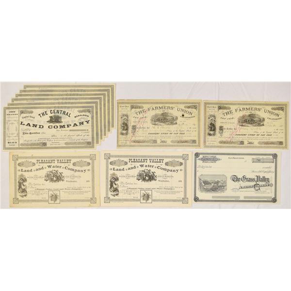 CA. California Land, Water & Agricultural Development Stock Group, 1870s to 1890s