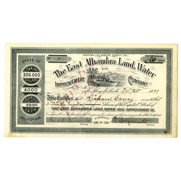 CA. East Alhambra Land, Water and Improvement Co., 1889, I/C Stock Certificate.