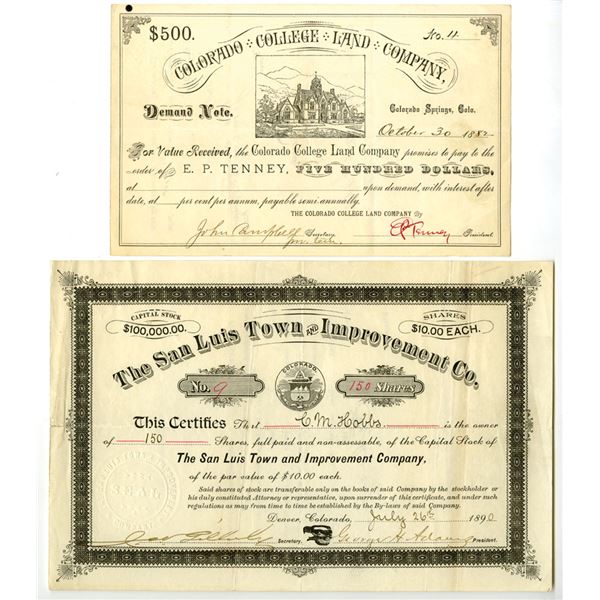 CO. Colorado College Land Company,  and San Luis Town & Improvement Co., 1882 and 1890, I/U Stock an