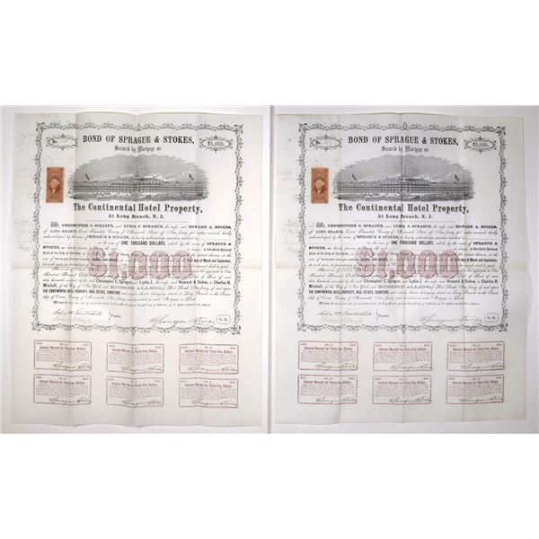 NJ. Continental Hotel Property, 1866, Sequential Pair of I/U Coupon Bonds.