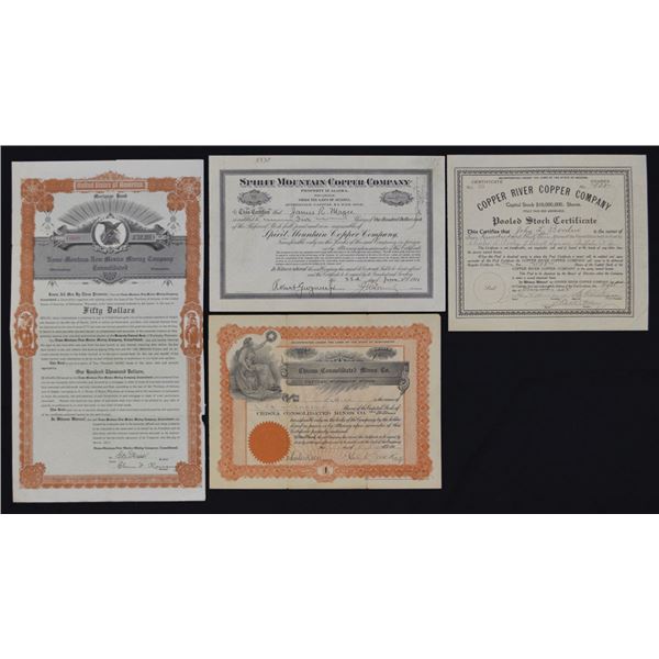 AK. Alaska Mining Company Stock and Bond Quartet, 1907 to 1911
