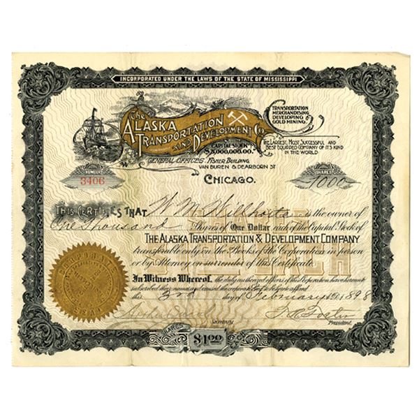 AK. Alaska Transportation and Development Co., 1898, I/U Stock Certificate.