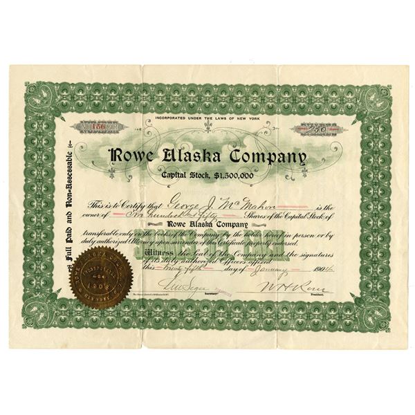 AK. Rowe Alaska Co. 1904 I/U Stock Certificate.