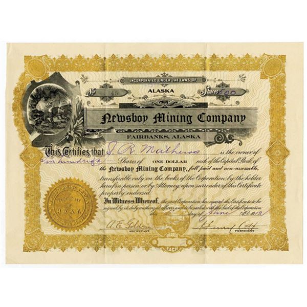 Newsboy Mining Co. 1912 Stock Certificate