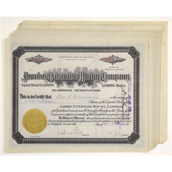 AZ. Jumbo Extension Mining Co., 1916, I/U Stock Certificate Assortment.