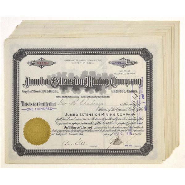 AZ. Jumbo Extension Mining Co., 1916, Issued Stock Certificate Assortment.