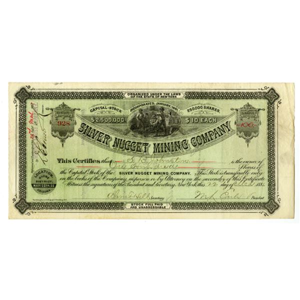 AZ. Silver Nugget Mining Co., 1881, I/U Stock Certificate.