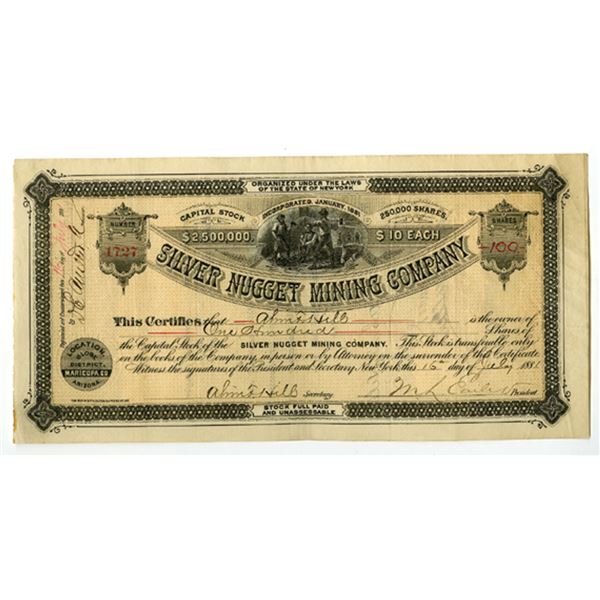 AZ. Silver Nugget Mining Co., 1881, I/U Stock Certificate.