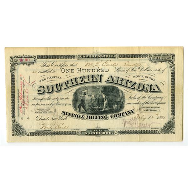 AZ. Southern Arizona Mining & Milling Co., 1881, I/U Stock Certificate.