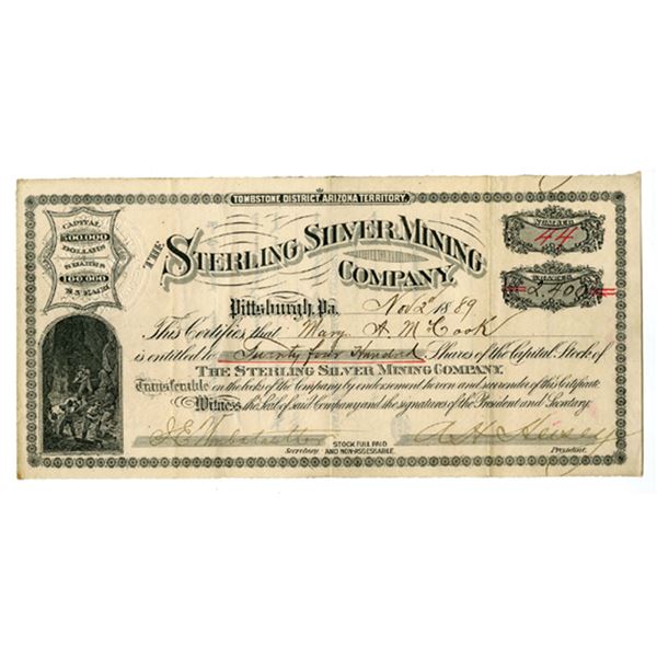 AZ. Sterling Silver Mining Co., 1889, I/U Stock Certificate.