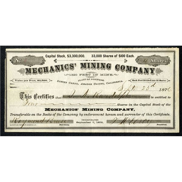 CA. Mechanics' Mining Co., 1876 I/U Stock Certificate, Located at "Sutter Creek"