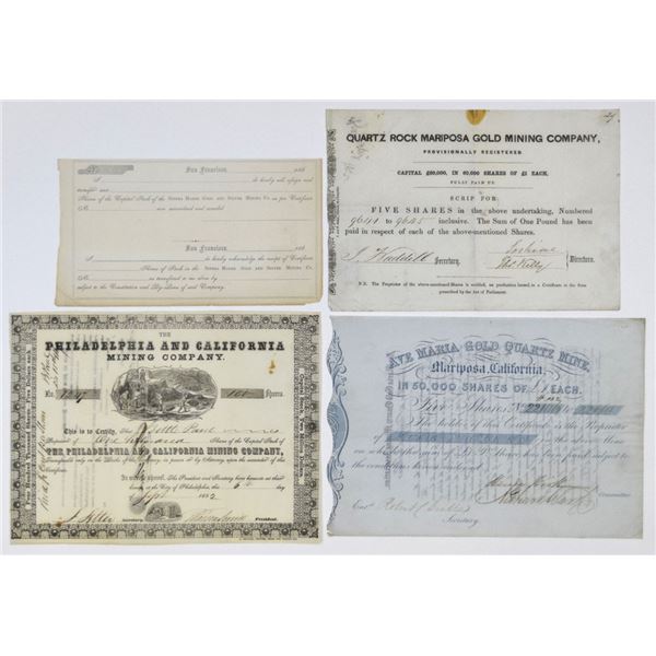 CA & PA. California Gold Rush Era Mining Stock Certificates Including Philadelphia & California Mini