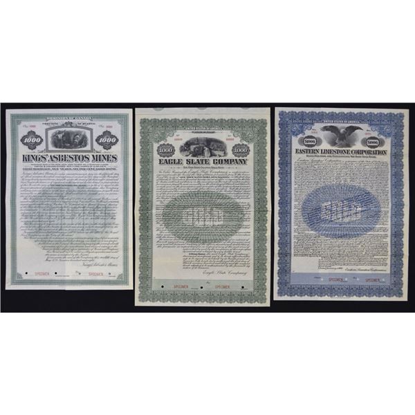Canada, Maine, and Other States, Specimen Mining Gold Coupon Bond Trio. 1908-1920
