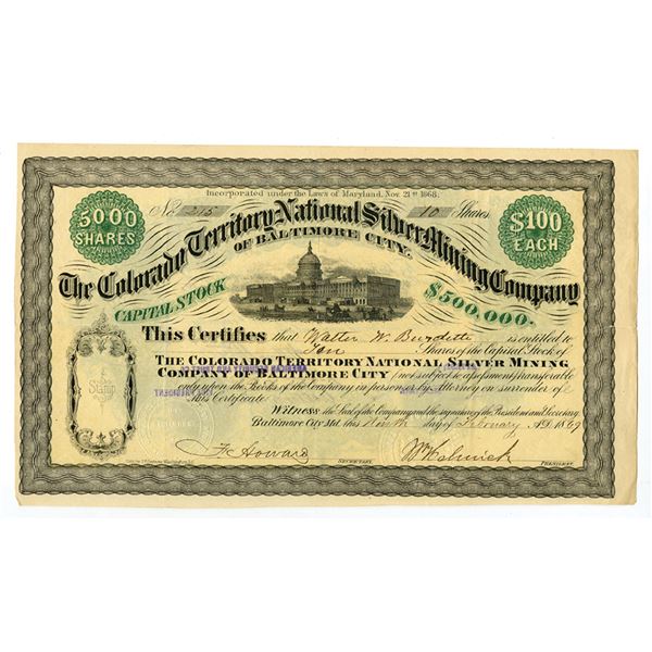 CO. Colorado Territory National Silver Mining Company of Baltimore City, 1869, I/U Stock Certificate