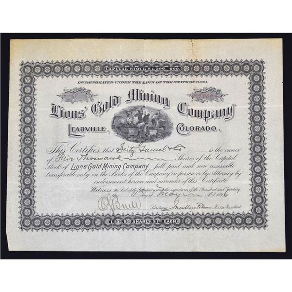 CA. Lions' Gold Mining Co., 1896, I/U Stock Certificate.