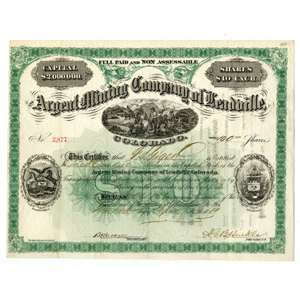 CO. Argent Mining Company of Leadville, 1881 I/U Stock Certificate