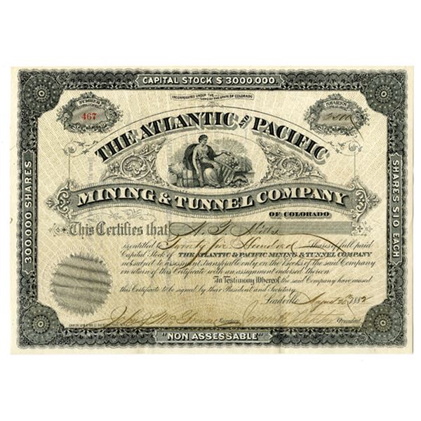 CO. Atlantic and Pacific Mining & Tunnel Co., 1882, I/U Stock Certificate.