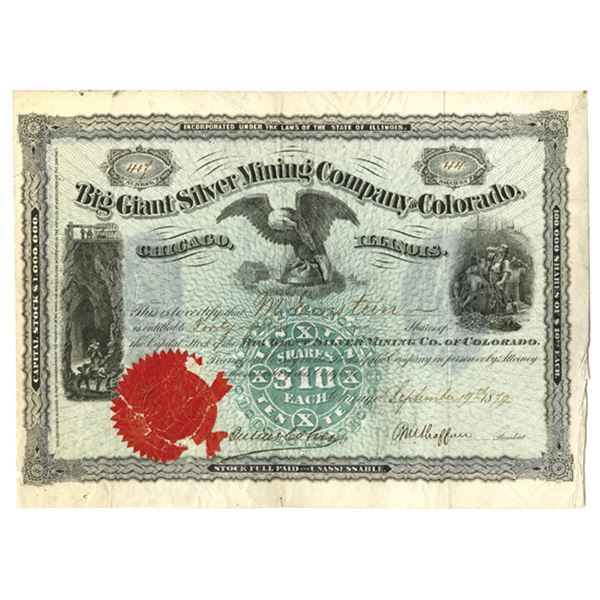 CO. Big Giant Silver Mining Company of Colorado, 1879 I/U Stock Certificate