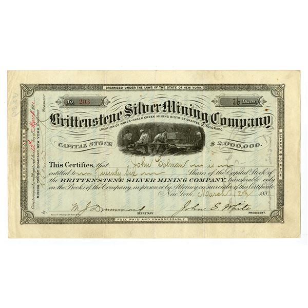 CO. Brittenstene Silver Mining Co., 1881, I/U Stock Certificate.