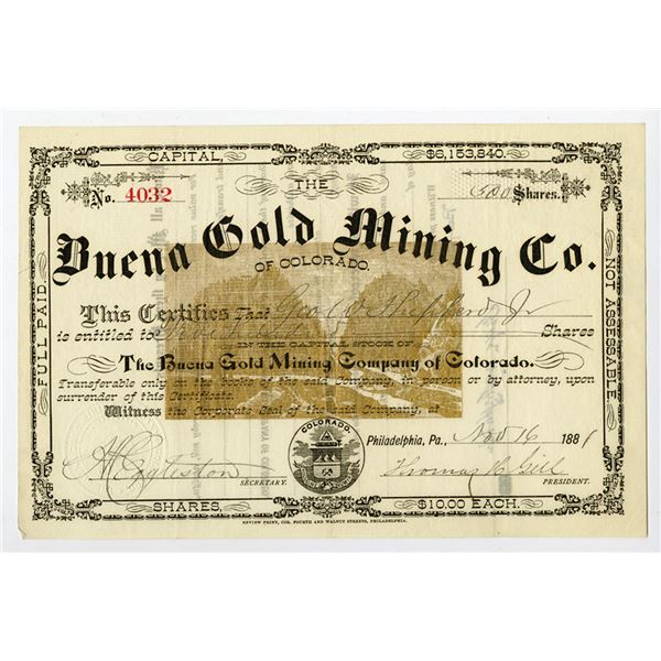 CO. Buena Gold Mining Co., 1881, I/U Stock Certificate.