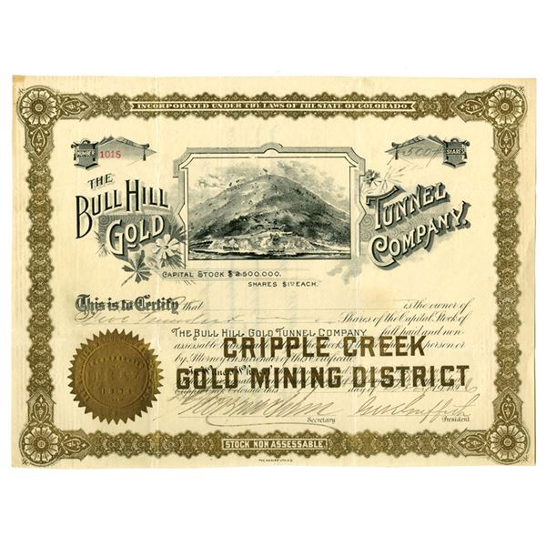 CO. Bull Hill Gold Tunnel Co., Cripple Creek Gold Mining District. 1896, I/U Stock Certificate.
