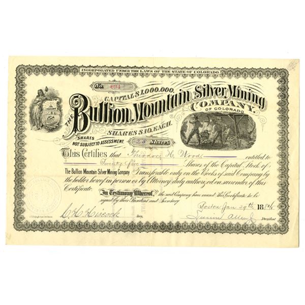 CO. Bullion Mountain Silver Mining Company of Colorado, 1884, I/U Stock Certificate.