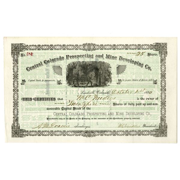 CO. Central Colorado Prospecting and Mine Developing Co., 1880 I/U Stock Certificate