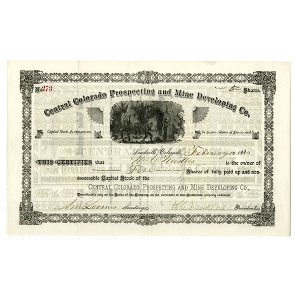 CO. Central Colorado Prospecting and Mine Developing Co., 1880, I/U Stock Certificate.
