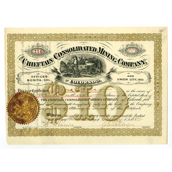 CO. Chieftain Consolidated Mining Co., 1884, I/U Stock Certificate.