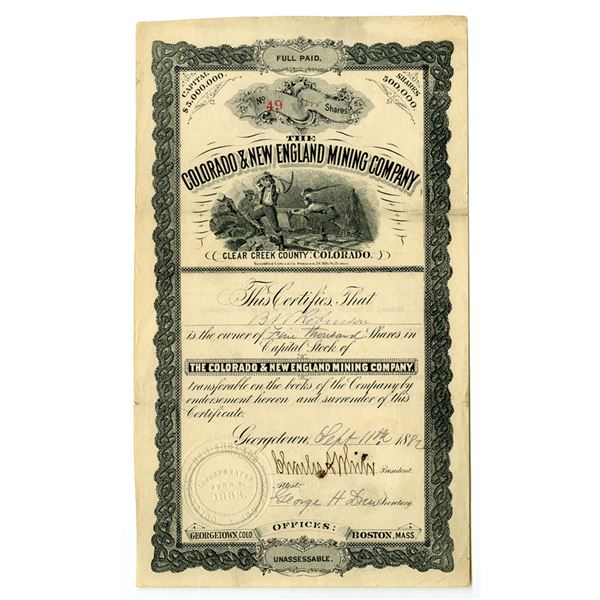 CO. Colorado & New England Mining Co., 1882, I/U Stock Certificate
