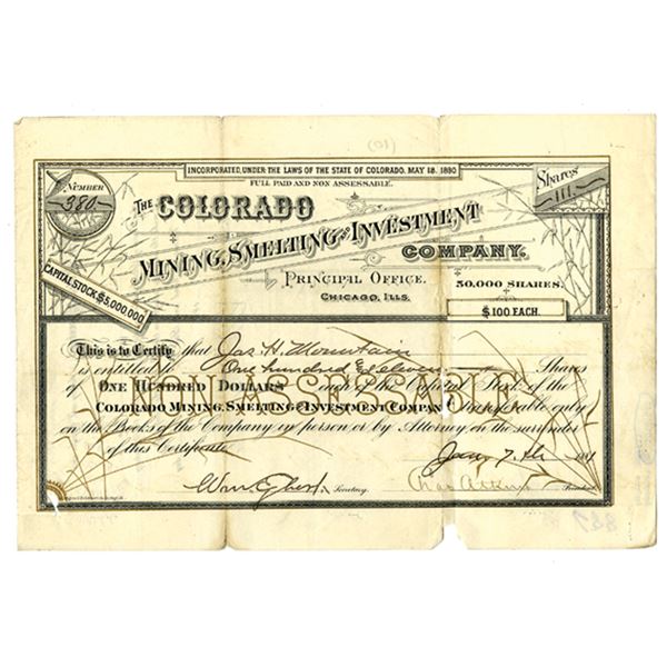 CO. Colorado Mining, Smelting and Investment Co., 1884, I/U Stock Certificate.