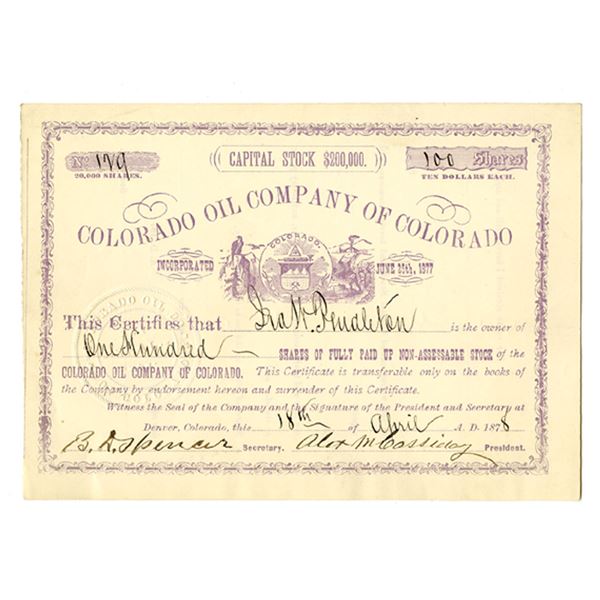 CO. Colorado Oil Co. of Colorado, 1878, I/U Stock Certificate.